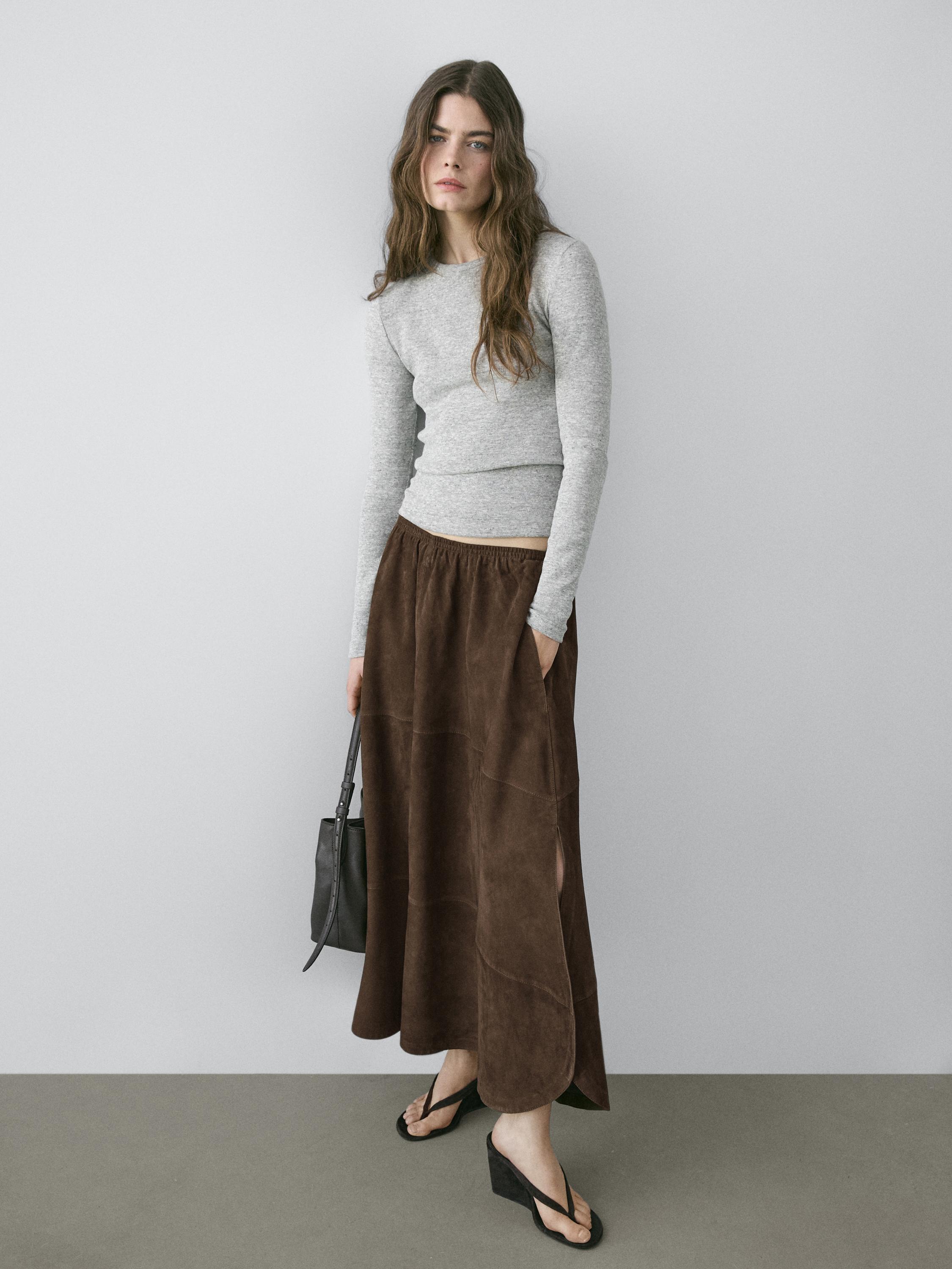 Suede leather midi skirt